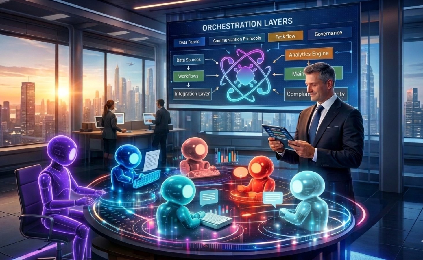 Modern European office with humans and ai agents working in a well-orchestrated ecosystem 