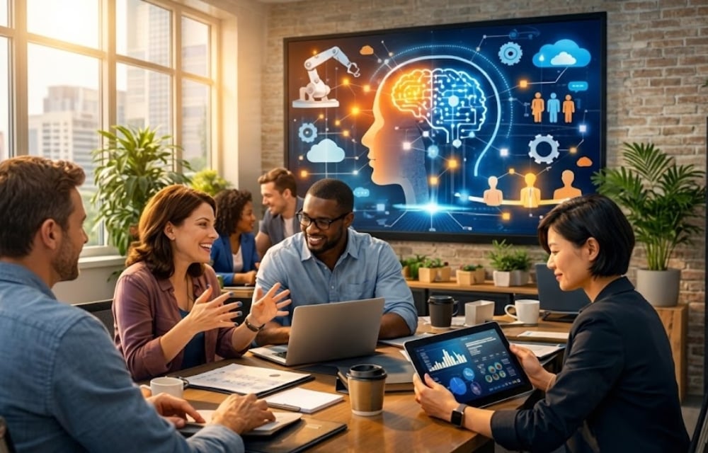 A creative workspace where happy employees are working in collaboration with agentic ai