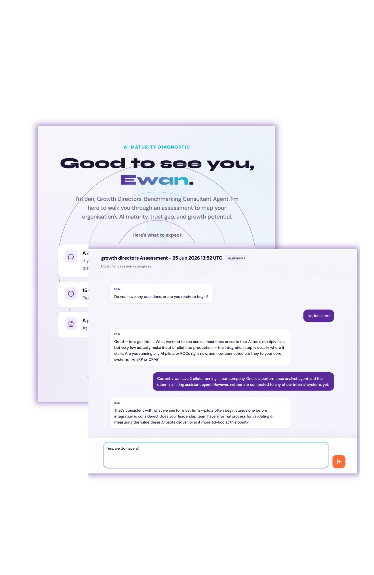 Example screenshots of the benchmarking agent homepage and chat